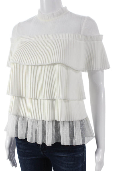 Alexis Women High Neck Viscose Blouse Short Sleeve White Size XS