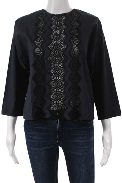 Sandro Women Basic Cotton Blue Blouse 3/4 Sleeve Round Neck Size 0