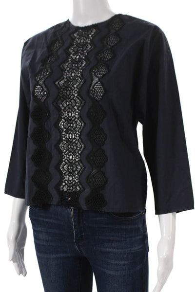 Sandro Women Basic Cotton Blue Blouse 3/4 Sleeve Round Neck Size 0