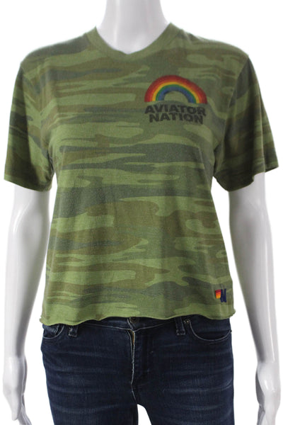 Aviator Nation Women Green Camo V-Neck Cotton T-Shirt Short Sleeve Size XS