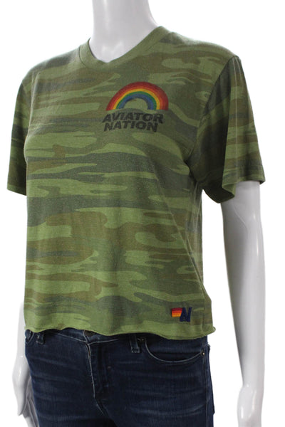 Aviator Nation Women Green Camo V-Neck Cotton T-Shirt Short Sleeve Size XS