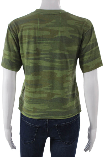 Aviator Nation Women Green Camo V-Neck Cotton T-Shirt Short Sleeve Size XS