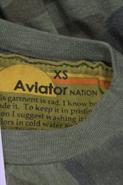 Aviator Nation Women Green Camo V-Neck Cotton T-Shirt Short Sleeve Size XS