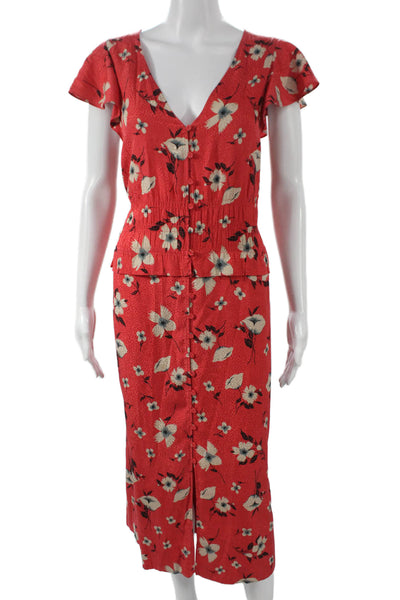 Rebecca Taylor Women Silk Red V-Neck Sheath Dress Short Sleeve Size L