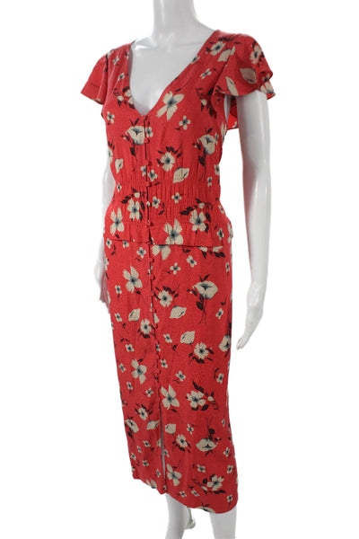 Rebecca Taylor Women Silk Red V-Neck Sheath Dress Short Sleeve Size L