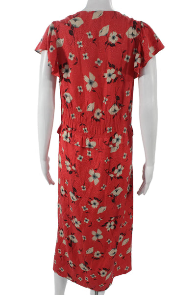 Rebecca Taylor Women Silk Red V-Neck Sheath Dress Short Sleeve Size L