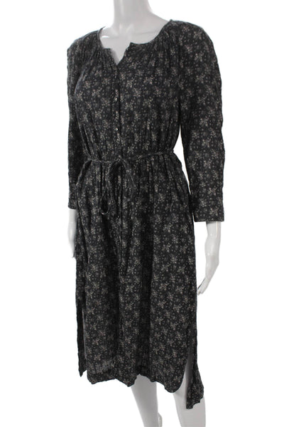 Rebecca Taylor Womens Black Floral Cotton Shirt Dress V Neck 3/4 Sleeve Size S