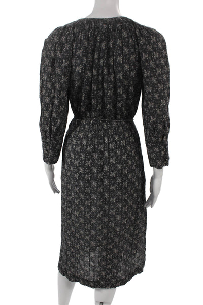 Rebecca Taylor Womens Black Floral Cotton Shirt Dress V Neck 3/4 Sleeve Size S