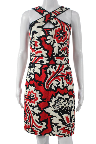 Milly Women Sheath Dress Red Floral Halter Cotton Mid Calf Zip Size 2