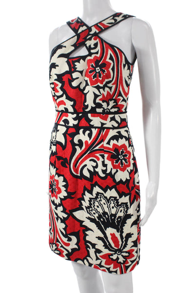 Milly Women Sheath Dress Red Floral Halter Cotton Mid Calf Zip Size 2
