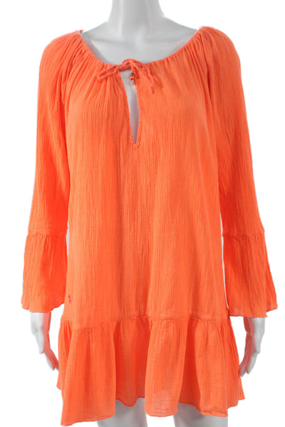 Polo Ralph Lauren Women Orange Cotton Shift Dress Boat Neck Long Sleeve Size S