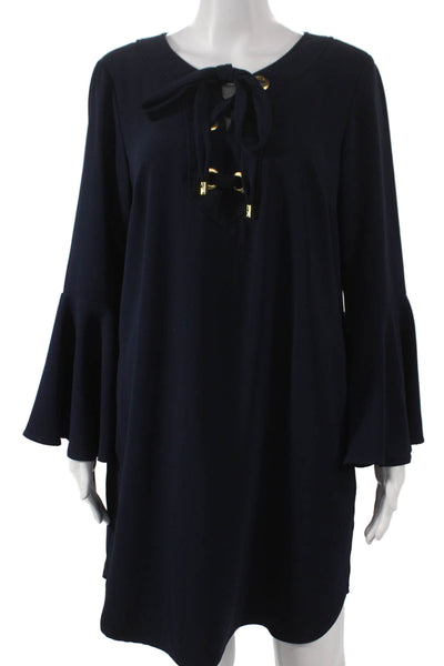 Trina Turk Women Shift Dress Blue V-Neck Lace Up Long Sleeve Polyester Size 10