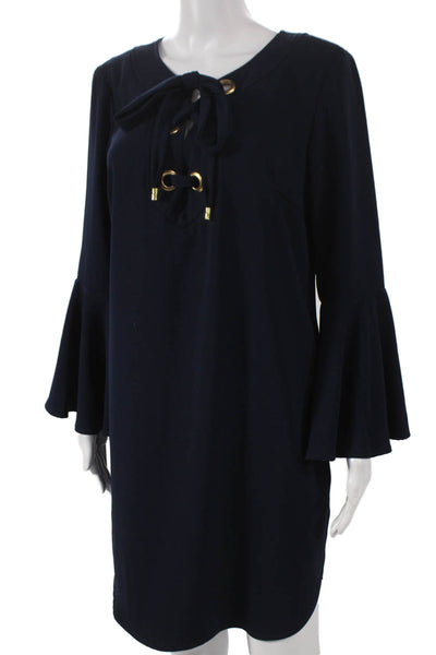 Trina Turk Women Shift Dress Blue V-Neck Lace Up Long Sleeve Polyester Size 10