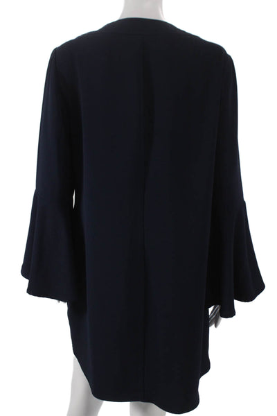 Trina Turk Women Shift Dress Blue V-Neck Lace Up Long Sleeve Polyester Size 10