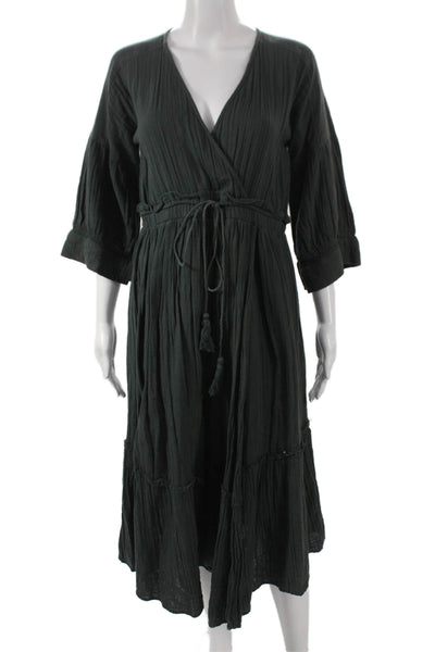 Apiece Apart Womens Green Wrap Dress 3/4 Sleeve V-Neck Long Cotton Size 0