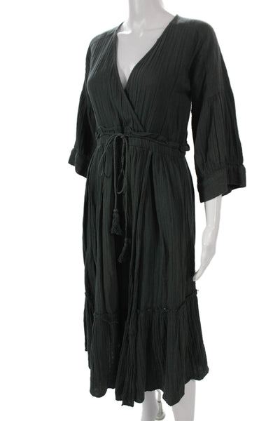Apiece Apart Womens Green Wrap Dress 3/4 Sleeve V-Neck Long Cotton Size 0