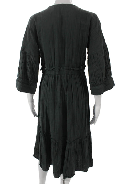 Apiece Apart Womens Green Wrap Dress 3/4 Sleeve V-Neck Long Cotton Size 0