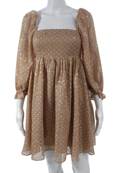 Judith March Women Fit & Flare Dress Beige Square Neck Long Sleeve Short Size M