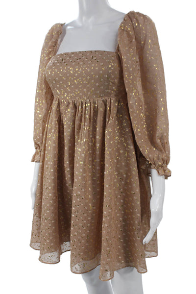 Judith March Women Fit & Flare Dress Beige Square Neck Long Sleeve Short Size M