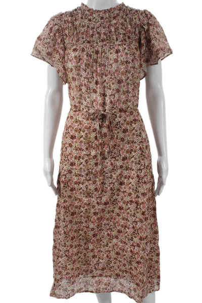 Birds of Paradis Womens A-Line Floral Ramie Mid-Calf Dress Short Sleeve Size XS