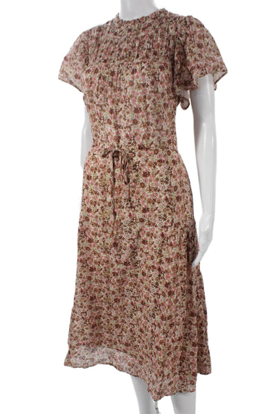Birds of Paradis Womens A-Line Floral Ramie Mid-Calf Dress Short Sleeve Size XS