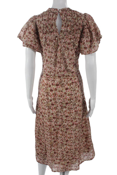 Birds of Paradis Womens A-Line Floral Ramie Mid-Calf Dress Short Sleeve Size XS