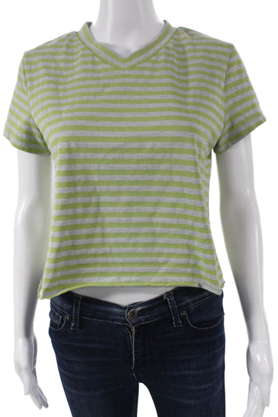 Lioness Women Cropped Striped V-Neck Green Short Sleeve T-Shirt Size M
