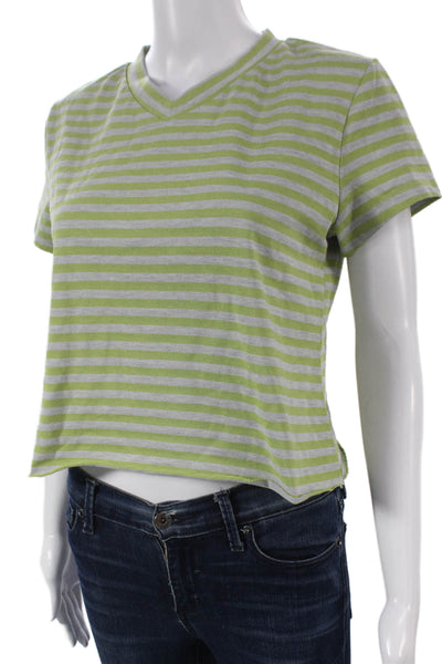 Lioness Women Cropped Striped V-Neck Green Short Sleeve T-Shirt Size M