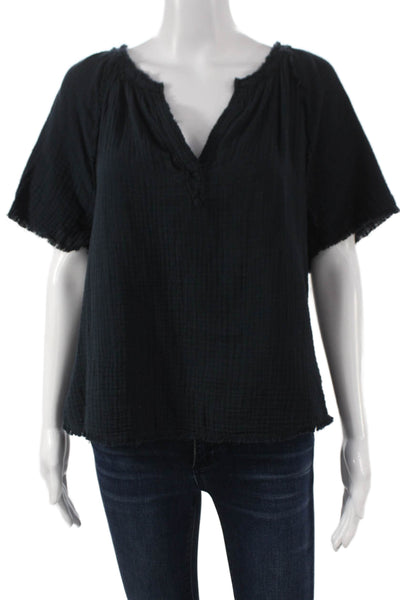 Sundays Women Black Cotton V-Neck Short Sleeve Blouse Size M