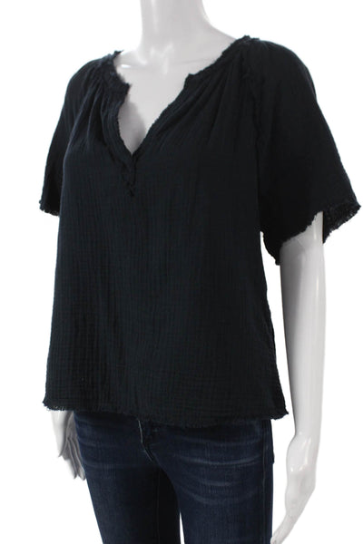 Sundays Women Black Cotton V-Neck Short Sleeve Blouse Size M