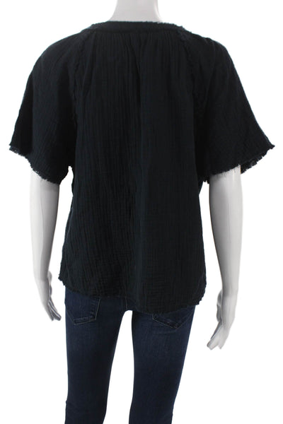 Sundays Women Black Cotton V-Neck Short Sleeve Blouse Size M