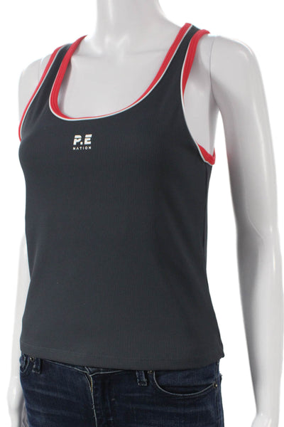 PE Nation Women Sleeveless Scoop Neck Basic Nylon Tank Gray Size L