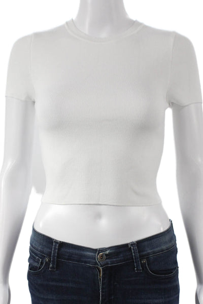 Zara Women Cropped White Viscose Crew Neck Short Sleeve T-Shirt Size S