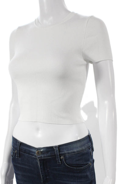 Zara Women Cropped White Viscose Crew Neck Short Sleeve T-Shirt Size S