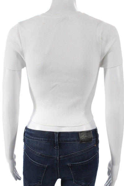 Zara Women Cropped White Viscose Crew Neck Short Sleeve T-Shirt Size S