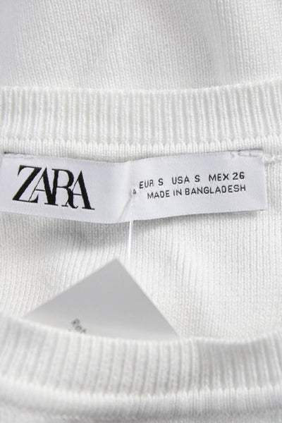 Zara Women Cropped White Viscose Crew Neck Short Sleeve T-Shirt Size S