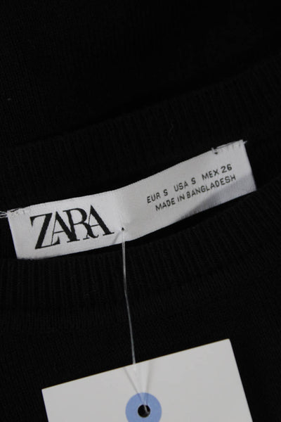 Zara Womens Cropped Black Crew Neck Long Sleeve T-Shirt Size S