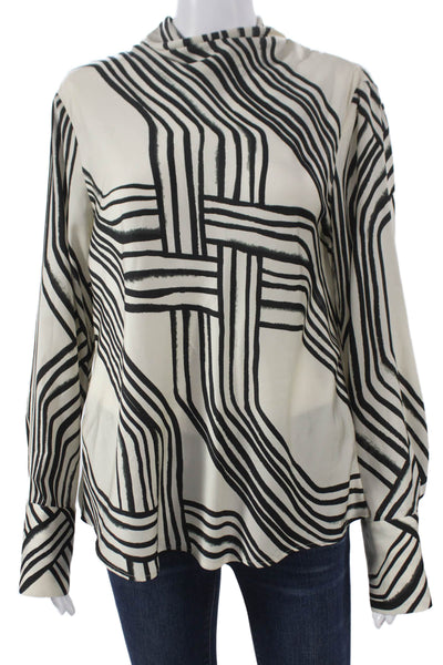 MNG Women Basic Blouse Ivory Geometric High Neck Long Sleeve Pullover Size 8