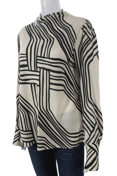 MNG Women Basic Blouse Ivory Geometric High Neck Long Sleeve Pullover Size 8