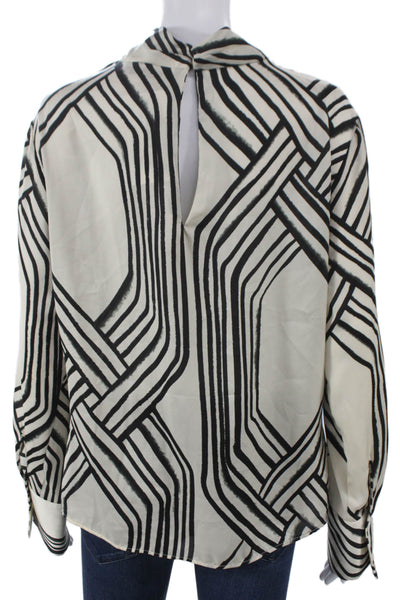 MNG Women Basic Blouse Ivory Geometric High Neck Long Sleeve Pullover Size 8