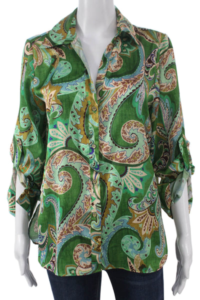 Zara Womens Paisley Tunic Blouse Green Collared 3/4 Sleeve Polyester Size M