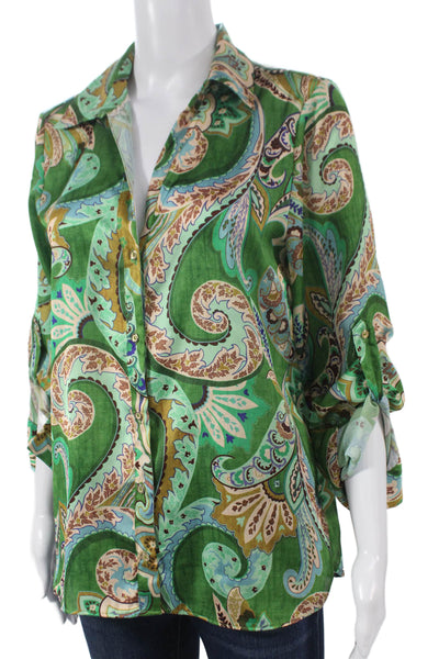 Zara Womens Paisley Tunic Blouse Green Collared 3/4 Sleeve Polyester Size M