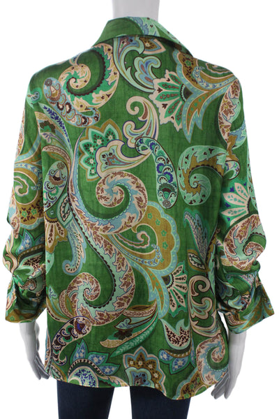 Zara Womens Paisley Tunic Blouse Green Collared 3/4 Sleeve Polyester Size M