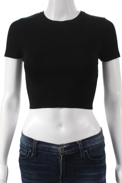 Zara Womens Cropped T-Shirt Black Viscose Crew Neck Short Sleeve Size S