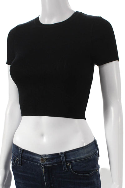 Zara Womens Cropped T-Shirt Black Viscose Crew Neck Short Sleeve Size S