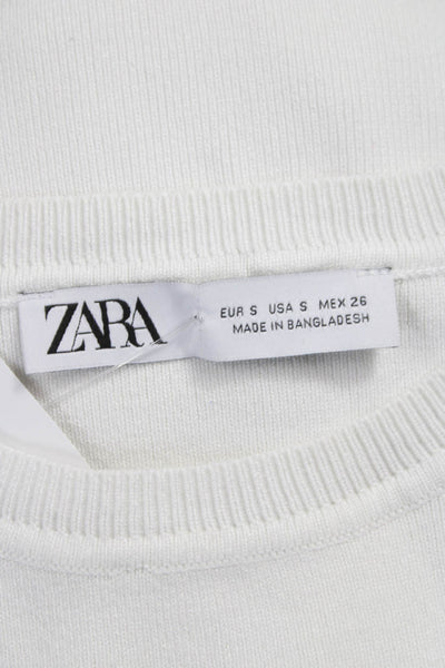 Zara Women Cropped Sleeveless White Cotton Blend Tank Round Neck Size S