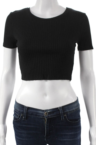 Zara Women Cropped Black T-Shirt Short Sleeve Round Neck Polyester Size S