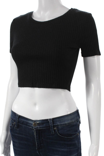 Zara Women Cropped Black T-Shirt Short Sleeve Round Neck Polyester Size S
