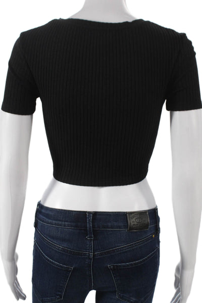 Zara Women Cropped Black T-Shirt Short Sleeve Round Neck Polyester Size S