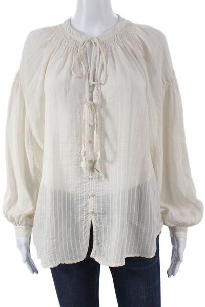 MNG Women Tunic Blouse Striped Ivory Long Sleeve Round Neck Button Size S